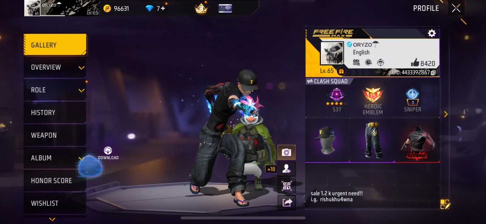 Free fire account with s2 male bundle s1 female bundle and 6 evo guns