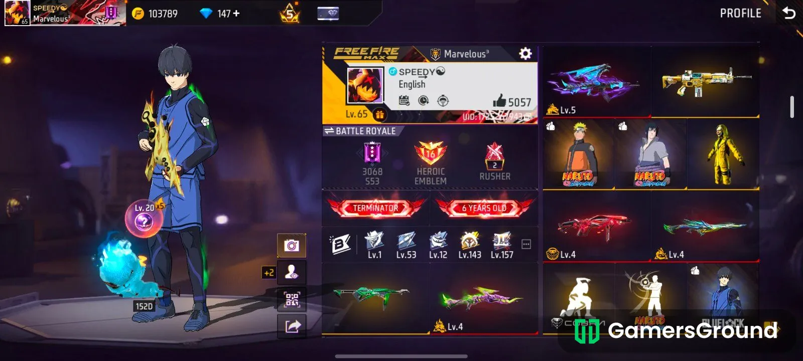 Free Fire MAX ID for Sale | Level 65 | Multiple Evo Guns | Naruto & Blue Lock Bundles